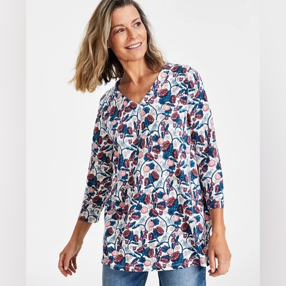 Style & Co Women's Cotton V-Neck Floral 3/4-Sleeve Top-Created for Macy's Sz 1X